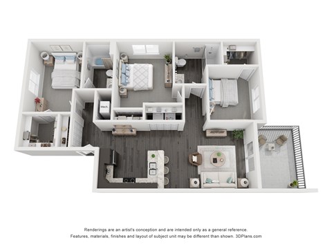Floor plan for 3 beds, 2 baths, 1265 sqft